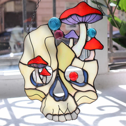 Gothic Skull Amanita Stained Glass Pendant
