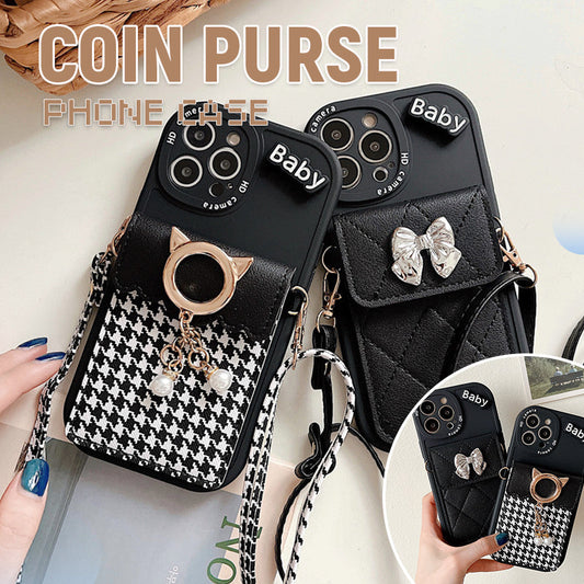 Houndstooth Check Leather Cord Coin Purse Phone Case