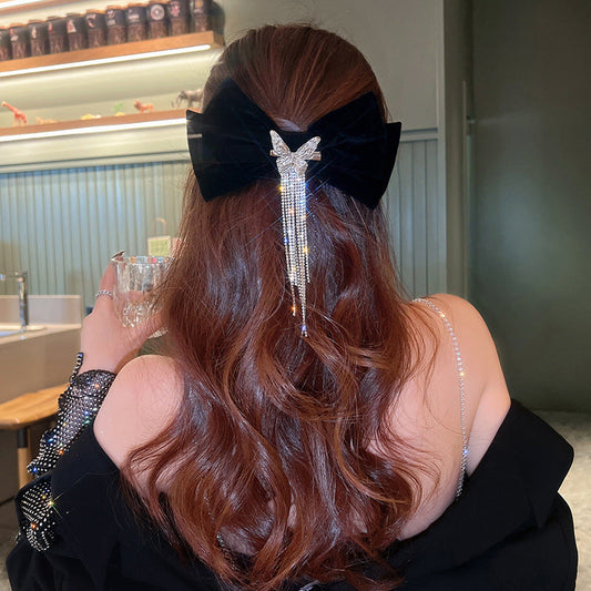 Rhinestone Tassel Bow Clip