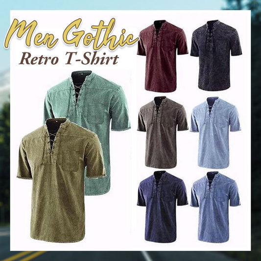 Men Gothic Retro T-Shirt Lace-up V-neck Linen Pocket Short Sleeve Tee Shirt Loose Tops