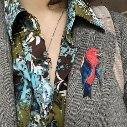 🐦Red And Blue Tropical Bird Wooden Brooch