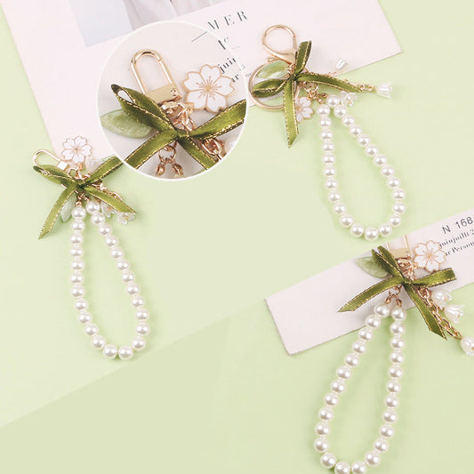 Green Ribbon & Pearl Chain & Lily Car Keychain Pendant