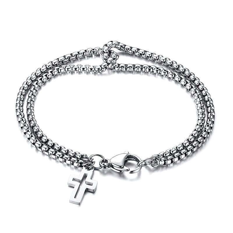 Double Layer Cross Bracelet, Stainless Steel Cross for Men