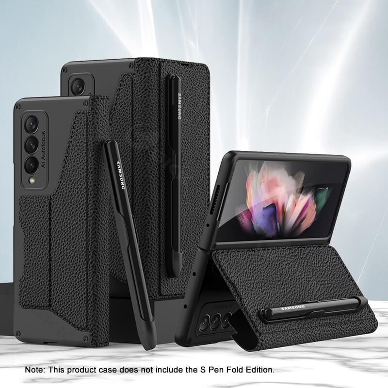 Leather Pen Holder Armor Back Case For Samsung Galaxy Z Fold4 Fold3 5G