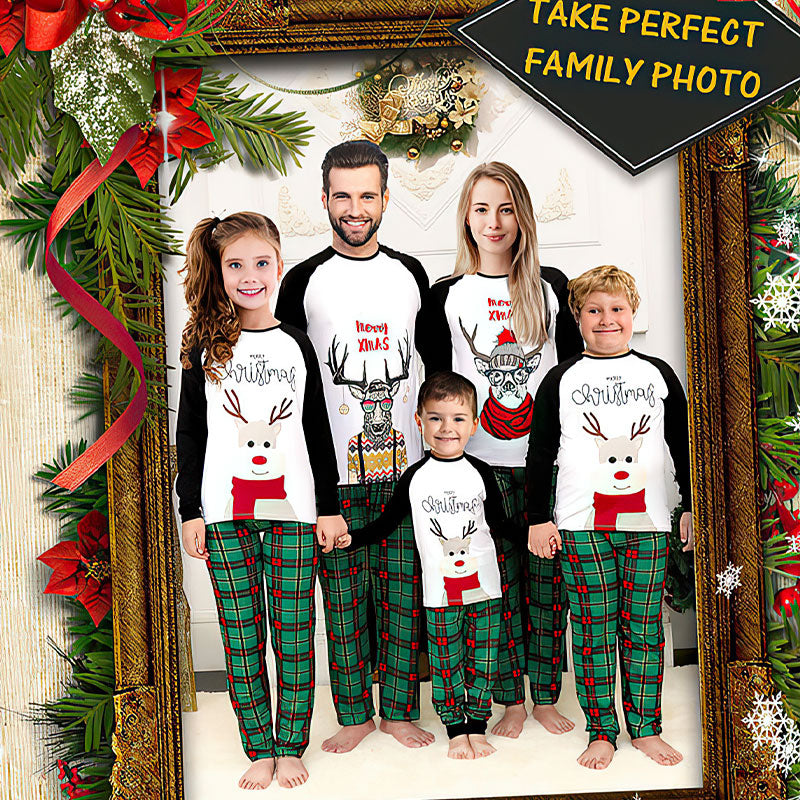 Reindeer Color-block Plaid Letter Family Matching Christmas Pajamas