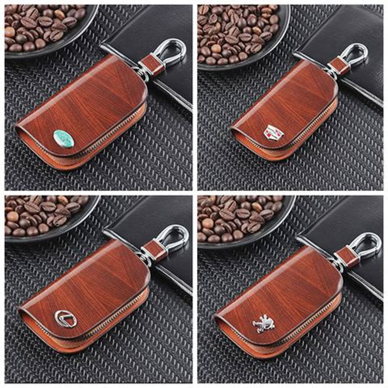 带车标需改图( Buy One Get One Free） Car Logo Leather Wooden Texture Car Key Case