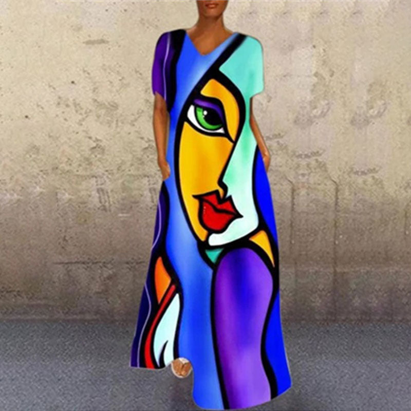 Portrait Print V-Neck Maxi Dress