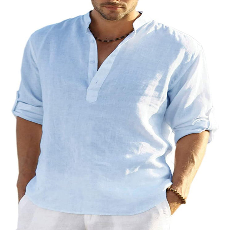 2022 Men's Cotton Linen Henley Shirt Long Sleeve Hippie Casual Beach T Shirts