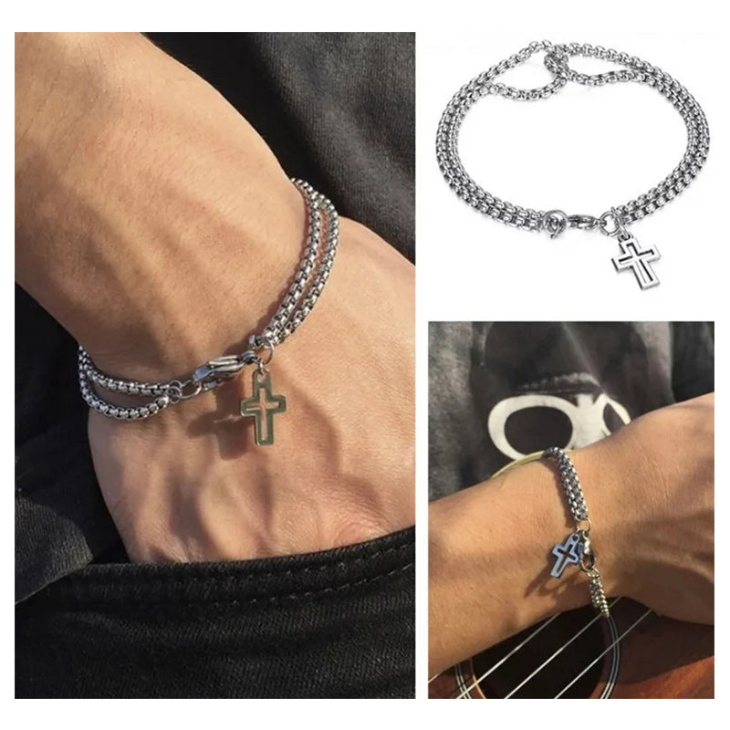 Double Layer Cross Bracelet, Stainless Steel Cross for Men