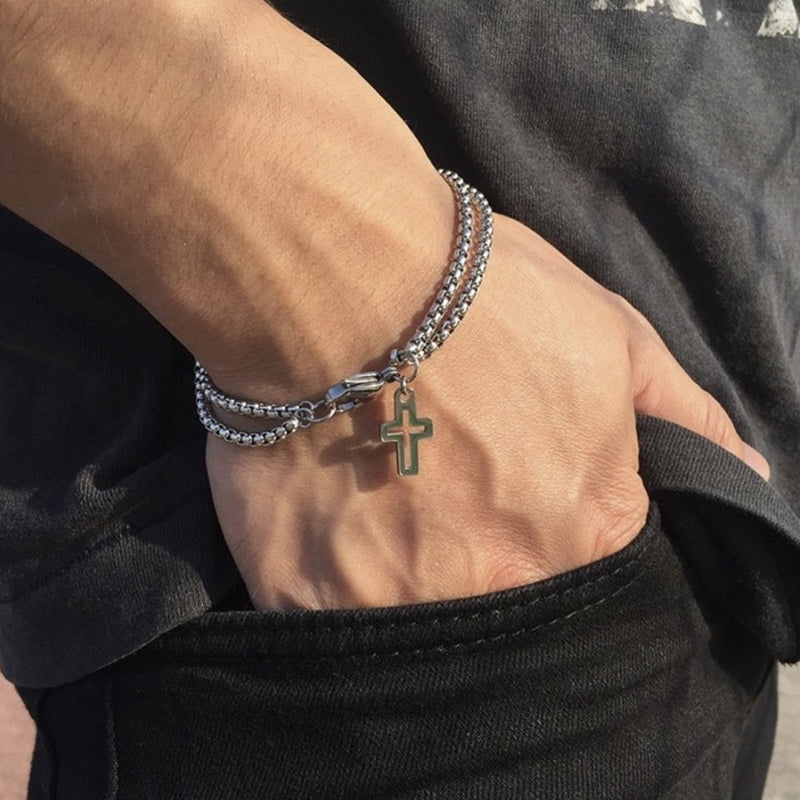Double Layer Cross Bracelet, Stainless Steel Cross for Men