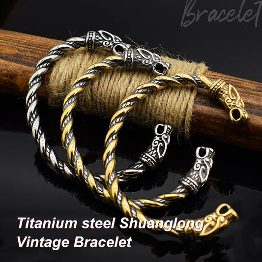 Nordic Viking Myth Pirate Stainless Steel Two-Tone Vintage Bracelet Titanium Steel Double Dragon Bracelet