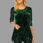 Round Neck Sequin Print Irregular Hem Women's Long Sleeve Tops