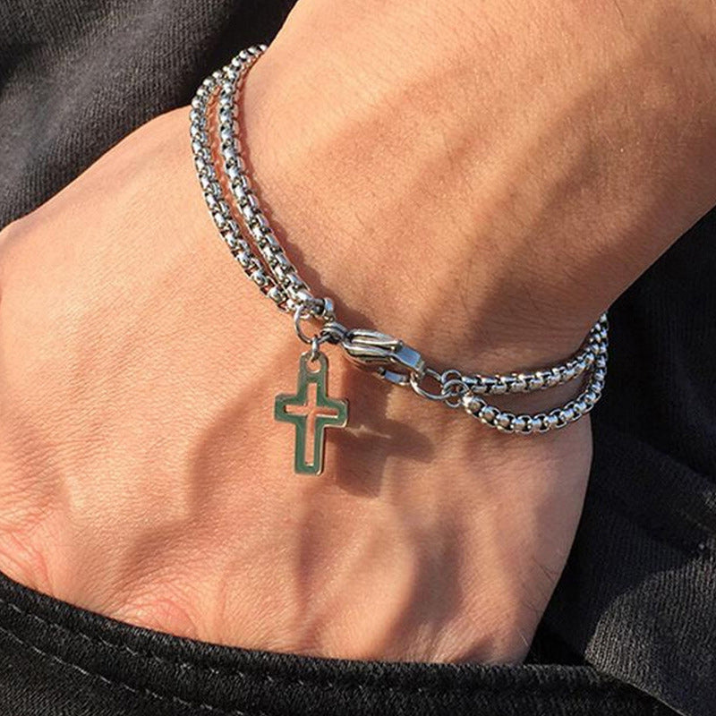 Double Layer Cross Bracelet, Stainless Steel Cross for Men