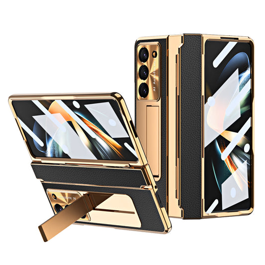 Luxury Leather Magnetic Bracket Shell Electroplated Phone Case For Samsung Galaxy Z Fold3/4/5 With Back Screen Glass