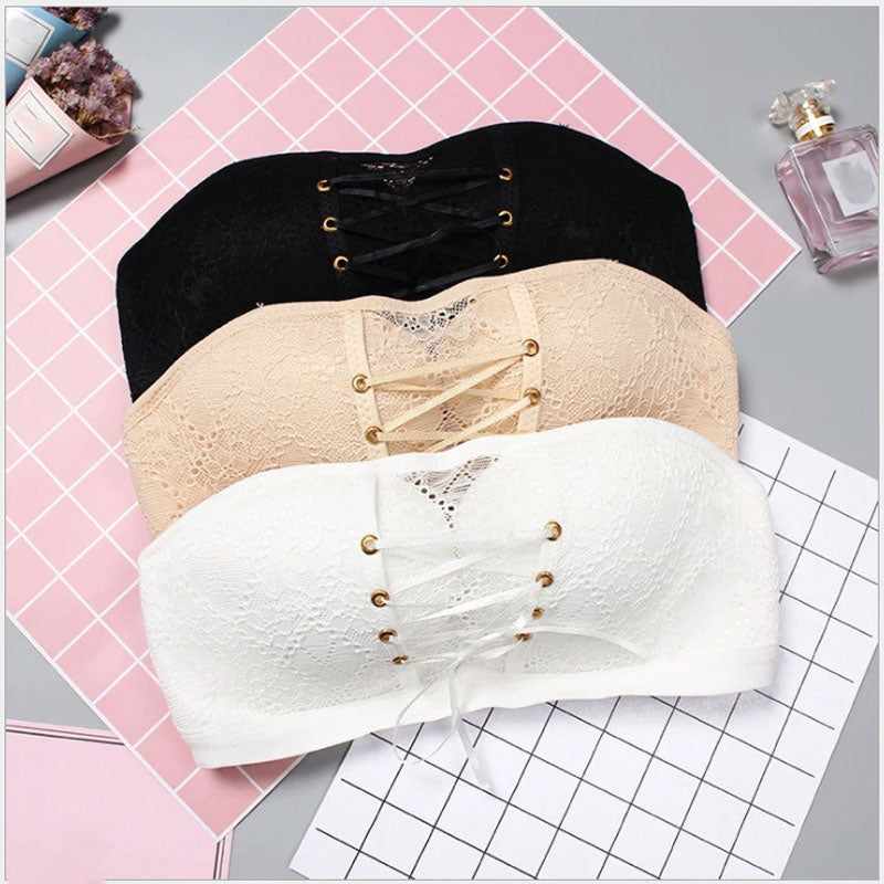 Women Bandeau Lace Front Drawstring Bra