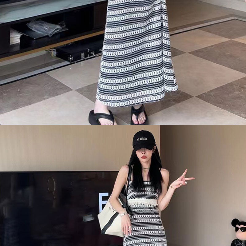 Retro Temperament Mosaic Knit Waist Sling Dress