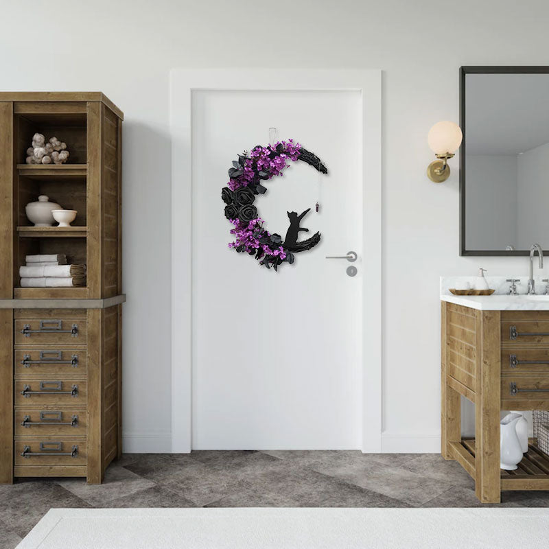 Halloween Black Rose Crescent Cat Wreath