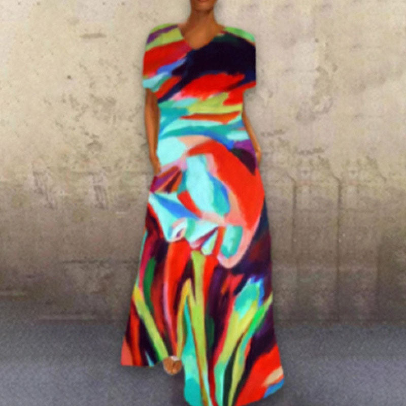 Portrait Print V-Neck Maxi Dress