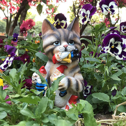 Dinosaur and Cat Eating Gnomes Statue