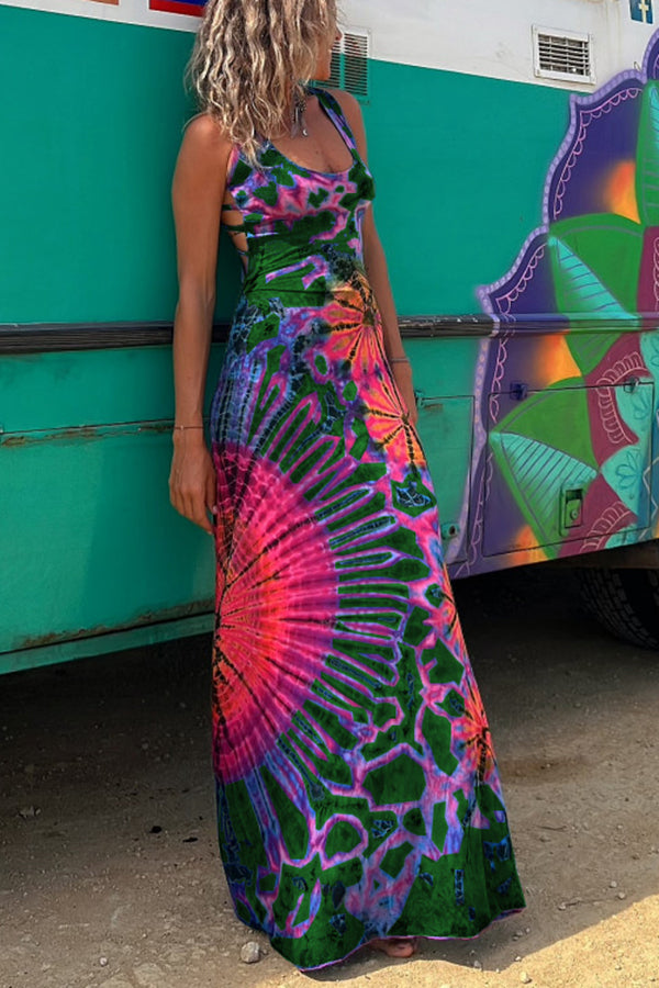Printed Tie-Back Stretch Maxi Dress