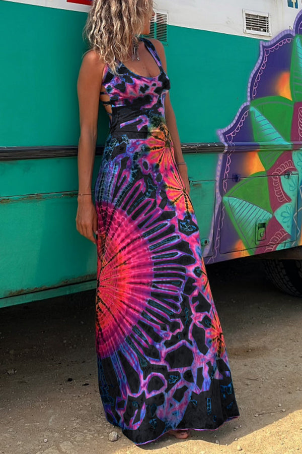 Printed Tie-Back Stretch Maxi Dress