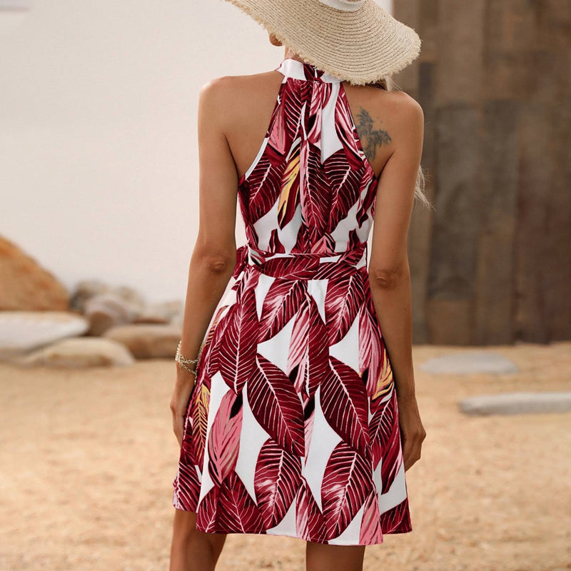 Printed Halter Neck Belted Dress