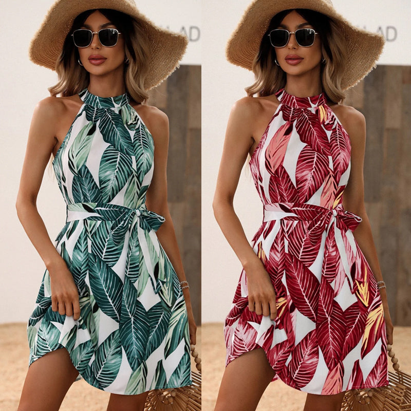 Printed Halter Neck Belted Dress