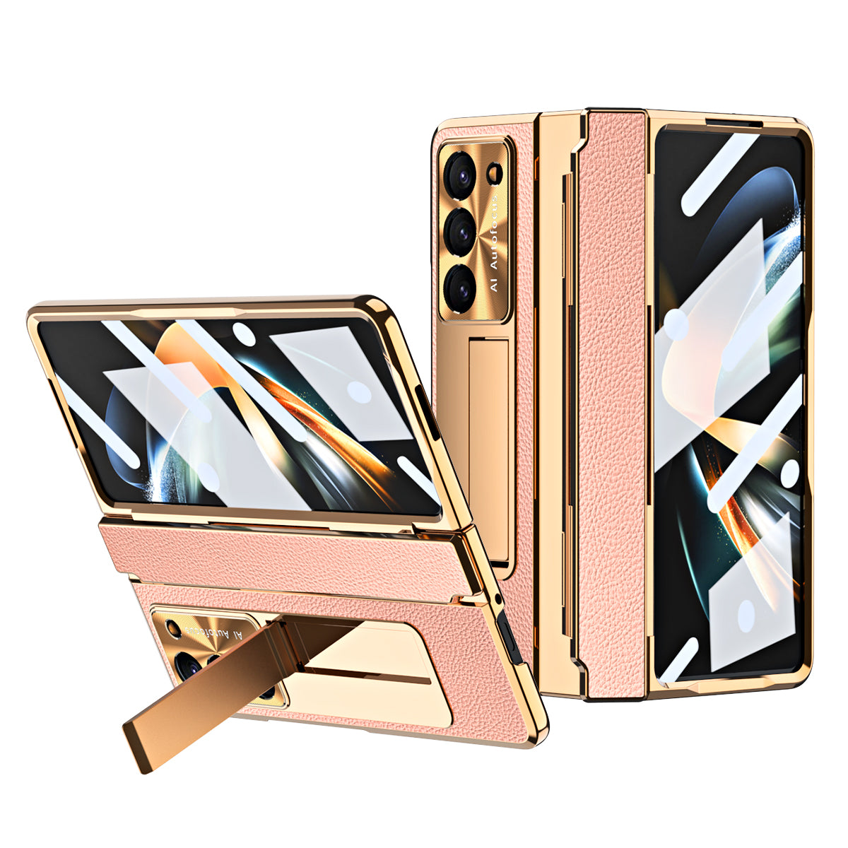 Luxury Leather Magnetic Bracket Shell Electroplated Phone Case For Samsung Galaxy Z Fold3/4/5 With Back Screen Glass