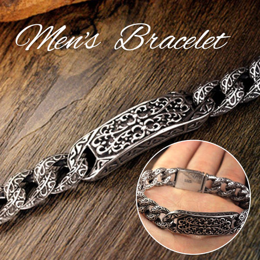 Men's Sterling Silver Ivy Pattern Curb Chain Bracelet
