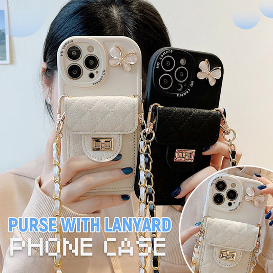 Diamond Check Coin Purse with Lanyard Phone Case