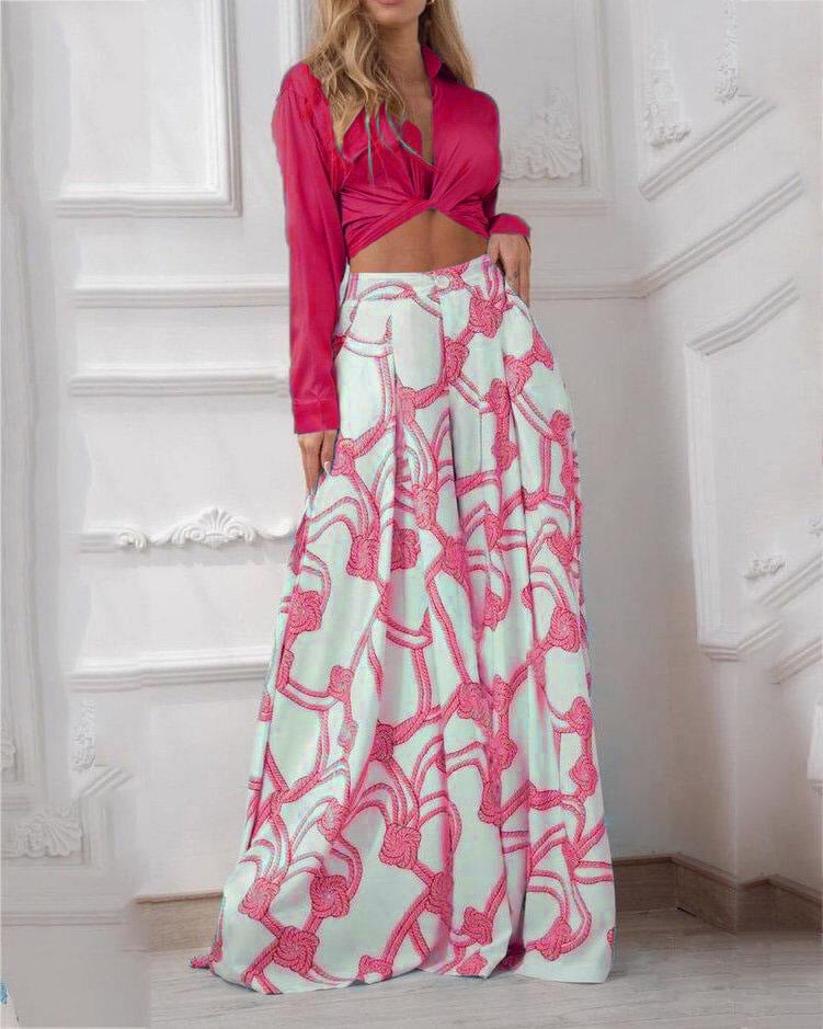 Casual Two-Piece Set With Lapel Solid Color Top & Rope Print Trousers