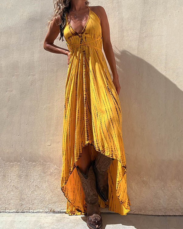 V Neck Slip Sunflower Big Swing Dress