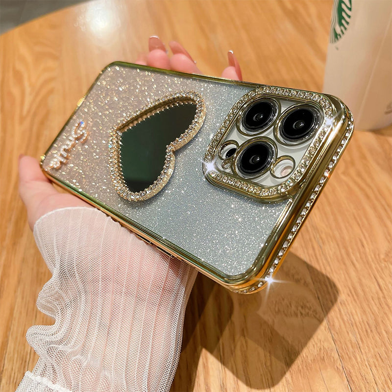 Gradient Glitter Rhinestone Border Love Mirror Phone Case