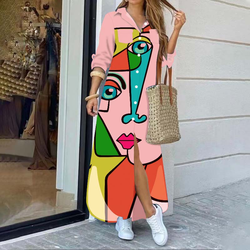 Long Sleeve Printed Shirt Dress