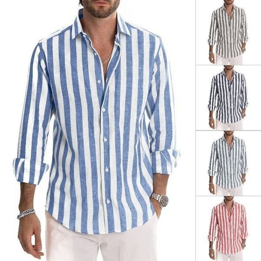 ✨BUY 2 FREE SHIPPING✨Men's Cotton Linen Striped Button Down Long Sleeve