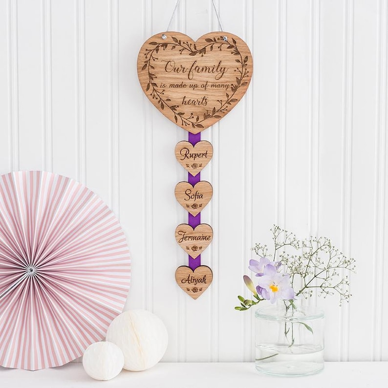 Family of hearts plaque, Christmas gift Family tree Laser cut Engraved Wooden name signs Rustic family sign Personalised wall hanging