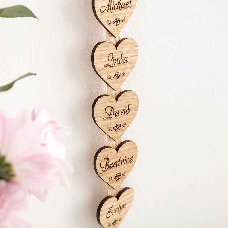 Family of hearts plaque, Christmas gift Family tree Laser cut Engraved Wooden name signs Rustic family sign Personalised wall hanging