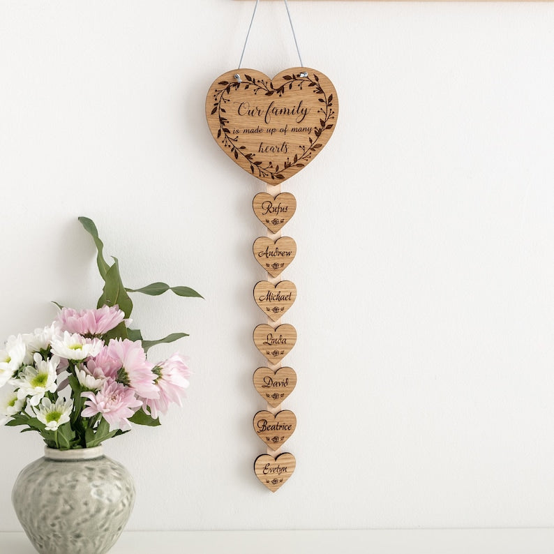 Family of hearts plaque, Christmas gift Family tree Laser cut Engraved Wooden name signs Rustic family sign Personalised wall hanging
