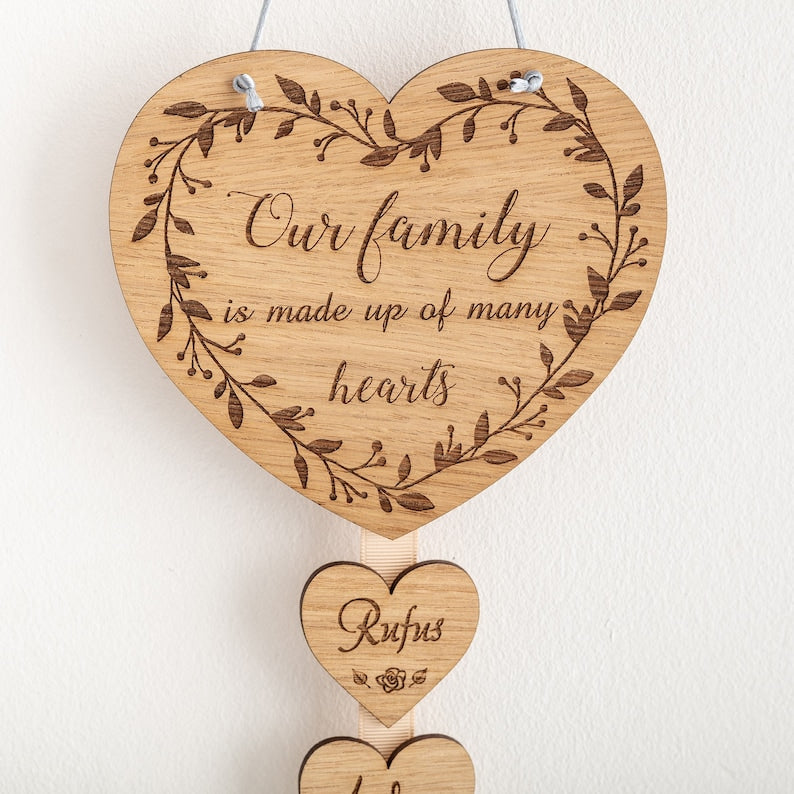 Family of hearts plaque, Christmas gift Family tree Laser cut Engraved Wooden name signs Rustic family sign Personalised wall hanging