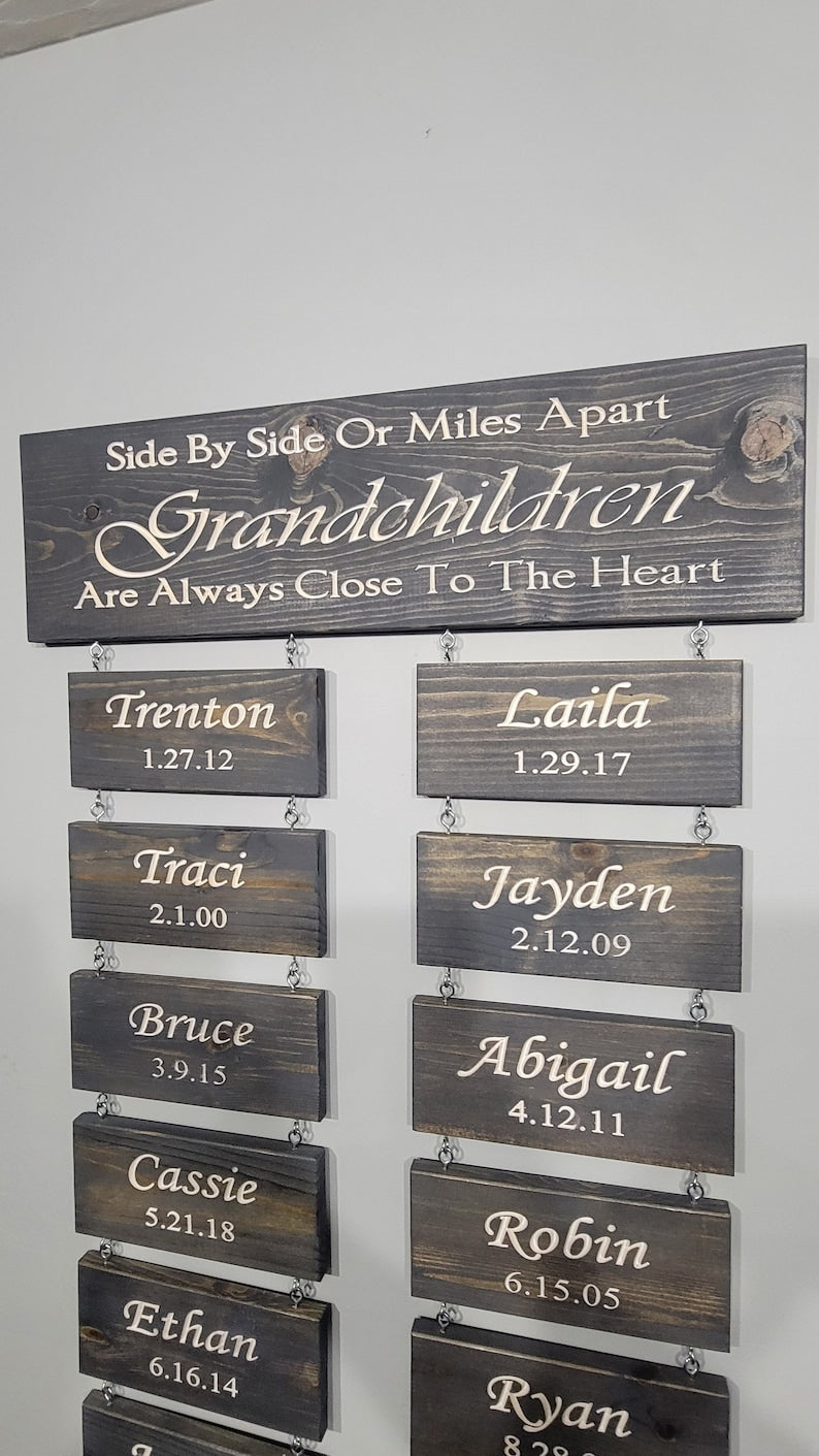 Engraved  Long Distatance Grandchildren sign, wall art, personalized, Grandma, Grandparent gift, engraved, with names, birth date