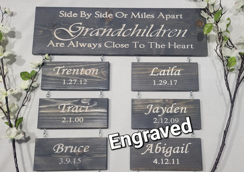 Engraved  Long Distatance Grandchildren sign, wall art, personalized, Grandma, Grandparent gift, engraved, with names, birth date