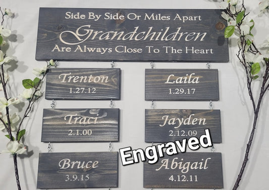 Engraved  Long Distatance Grandchildren sign, wall art, personalized, Grandma, Grandparent gift, engraved, with names, birth date
