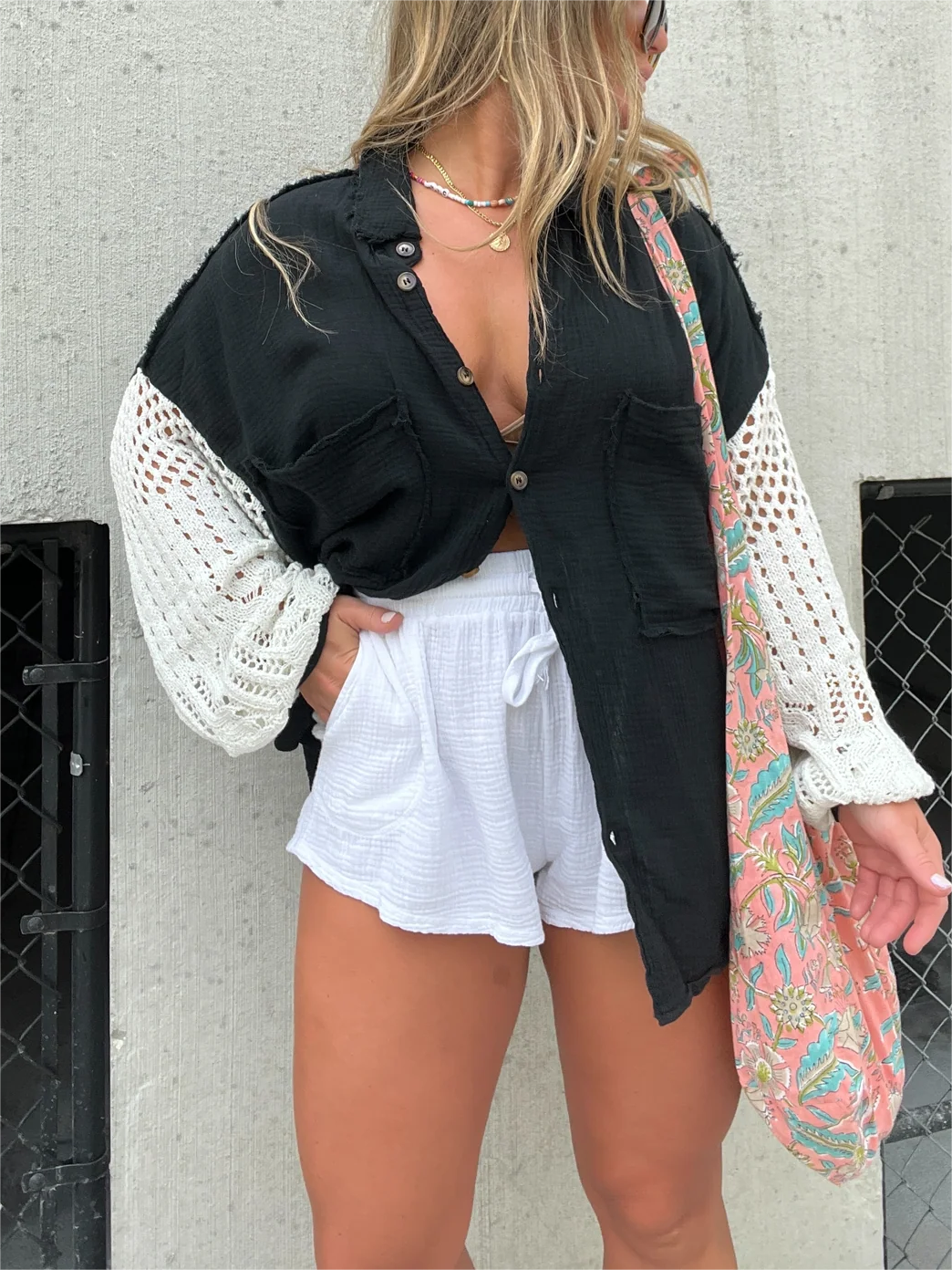 Women's Fashion Crepe Wool Stitching Shirt Jacket