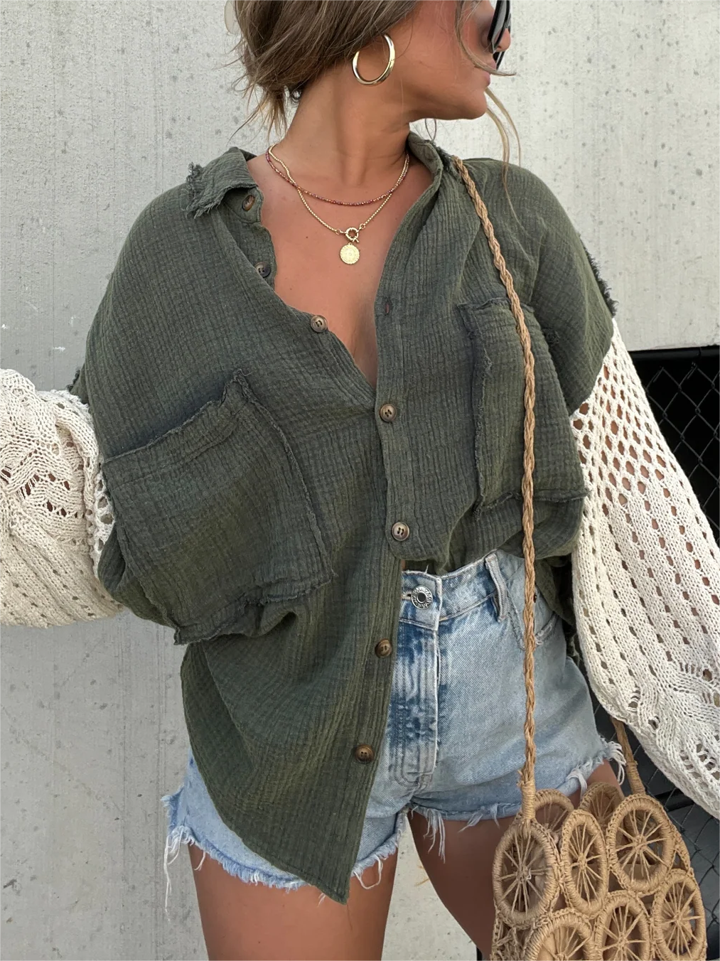 Women's Fashion Crepe Wool Stitching Shirt Jacket