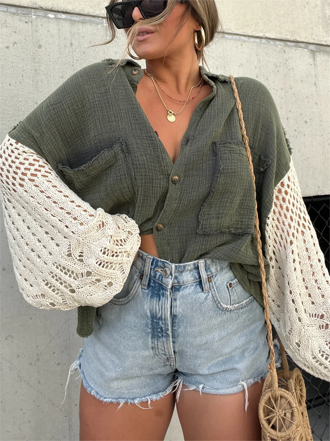 Women's Fashion Crepe Wool Stitching Shirt Jacket