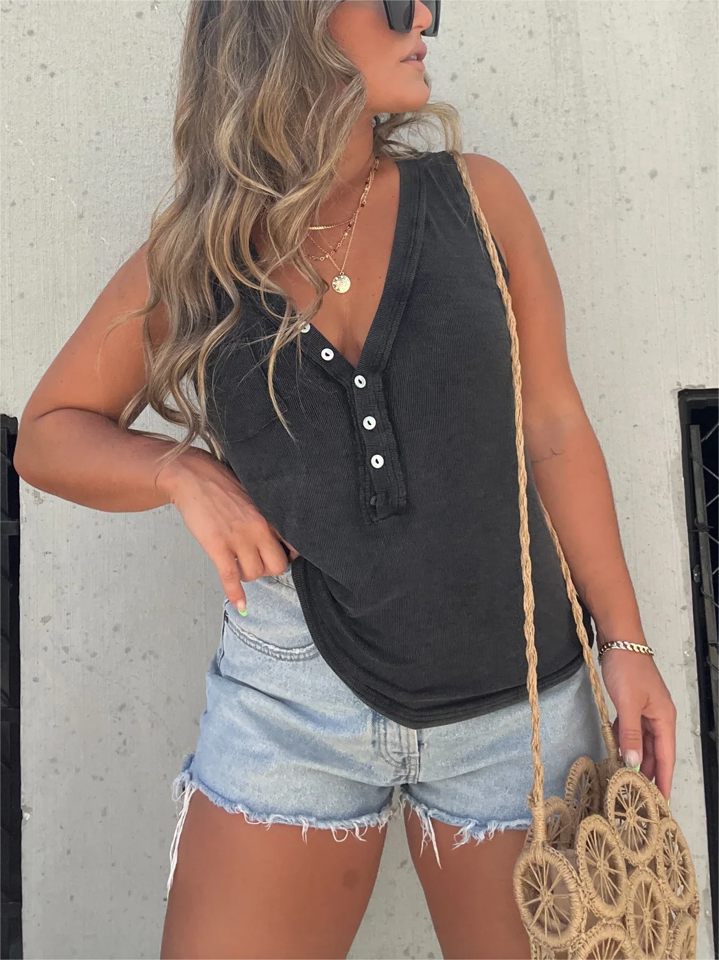 2023 New Women's Washed Button Tank