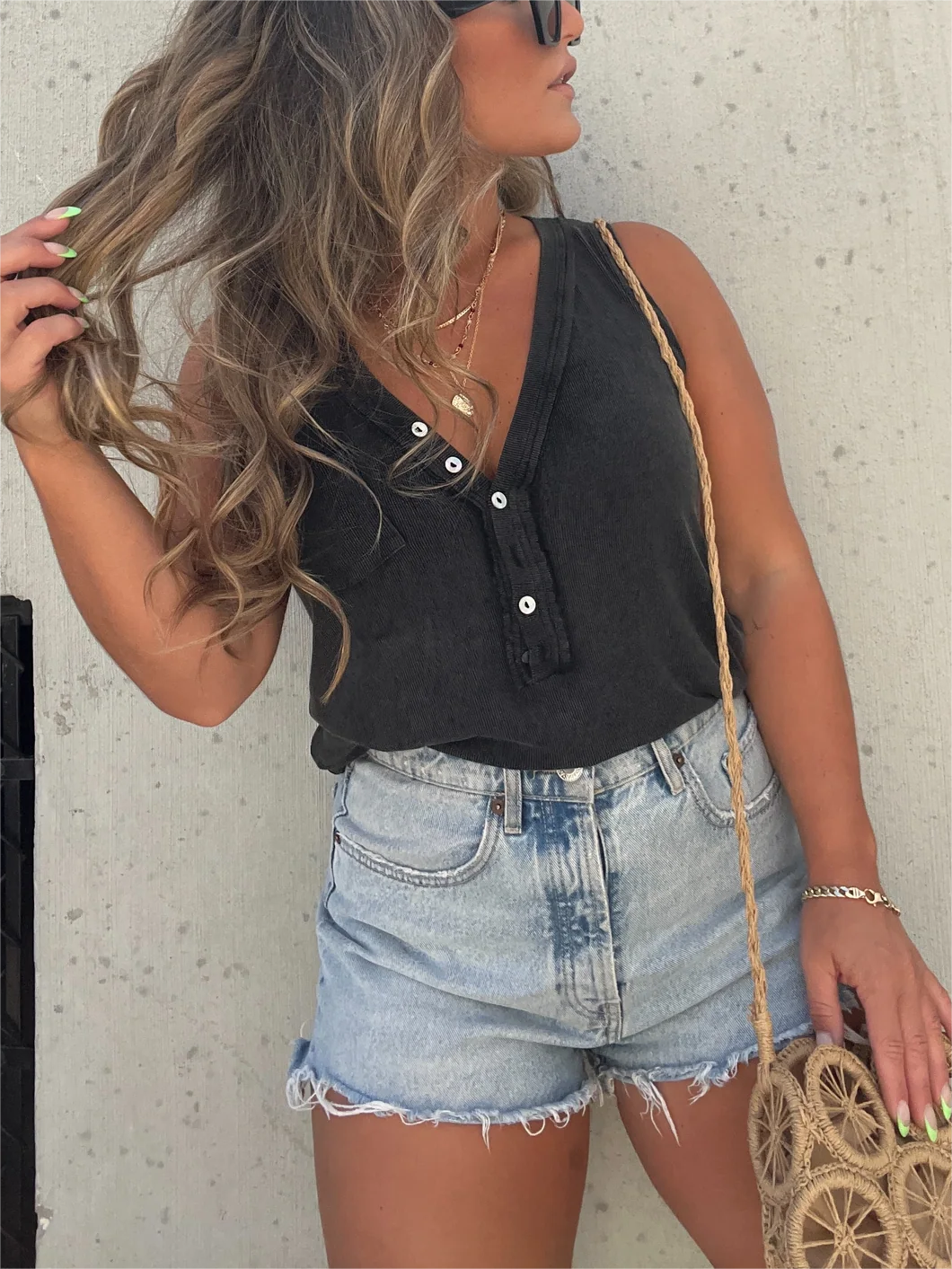 2023 New Women's Washed Button Tank